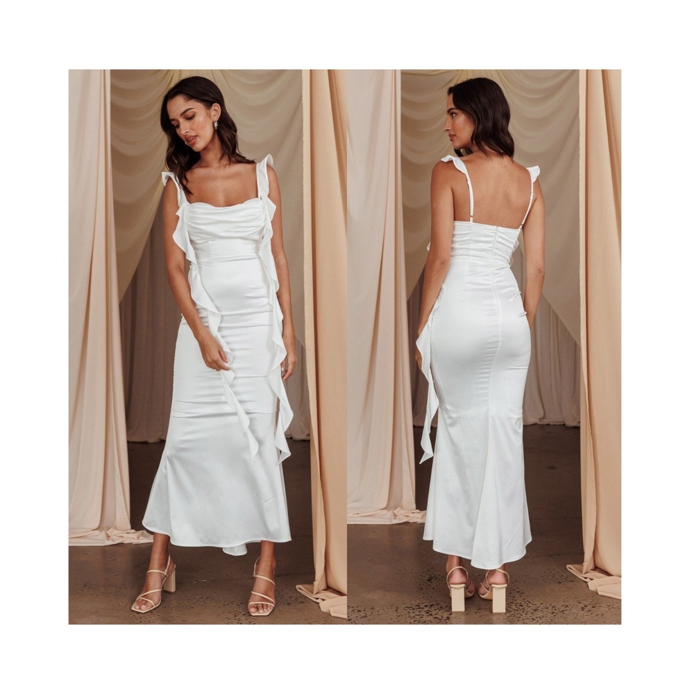 Selfie Leslie White Satin Ruffle Midi Maxi Dress L Wedding Bridal Formal Empire